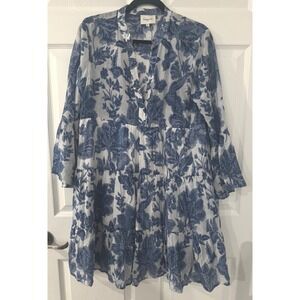 Choklate Paris Blue White Floral Silk Blend Tiered Mini Dress Bell Sleeve M
